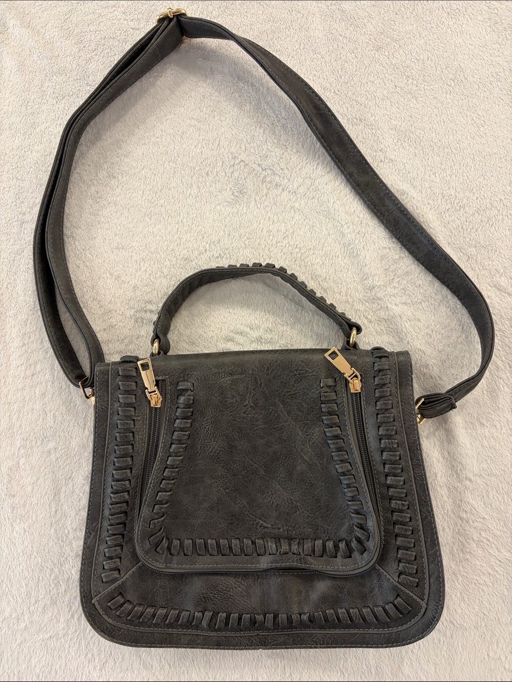 Black Woven-Trim Satchel with Adjustable Crossbody Strap